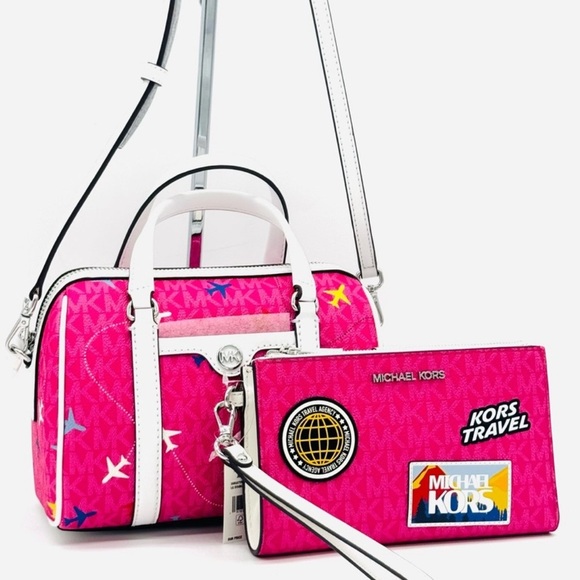 Michael Kors Small Travel Duffle Xbody Bag & Double Zip Wallet Matching Set - Picture 1 of 9